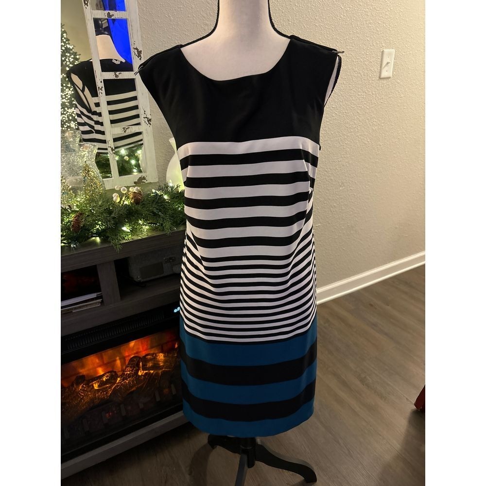 Sandra Darren dress women's size 14 striped blue black